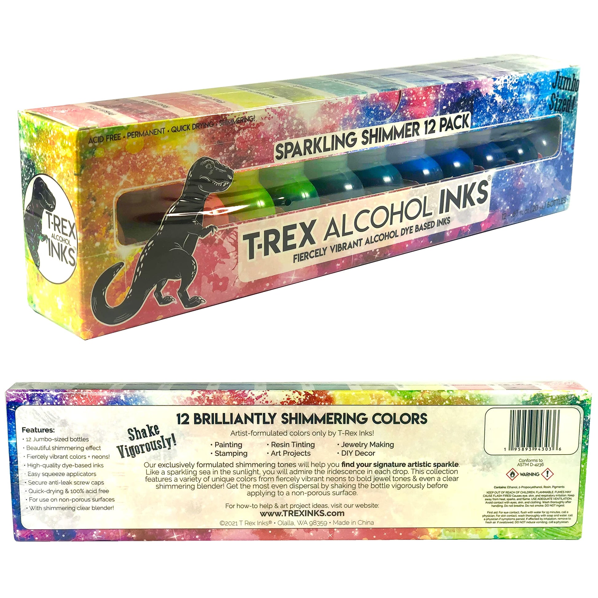 T-Rex Inks Starlight Shimmer Sparkling Alcohol Ink 12 Bottle Set - Glitter Alcohol Ink for Epoxy Resin Dye, Painting, Tumbler Making & More - - WoodArtSupply