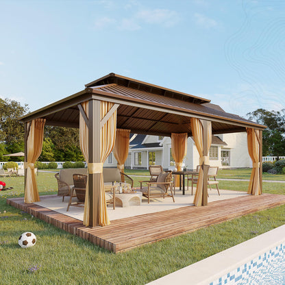 YOLENY 12' x 20' Gazebo, Hardtop Gazebo with Galvanized Steel Roof, Double Roof Gazebo with Aluminum Frame, Outdoor Gazebo with Curtains and