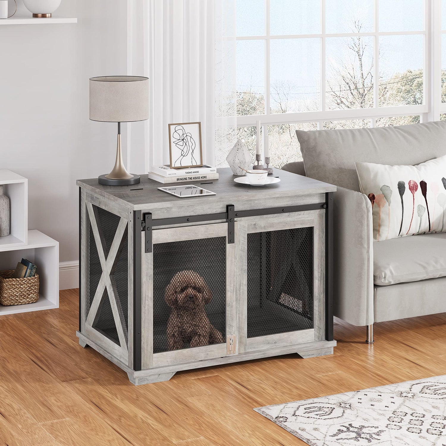 IDEALHOUSE 37'' Dog Crate Furniture Side End Table with Flip Top and Movable Divider, Wooden Dog Crate Table Large, Style Dog Kennel Side End Table IDEALHOUSE