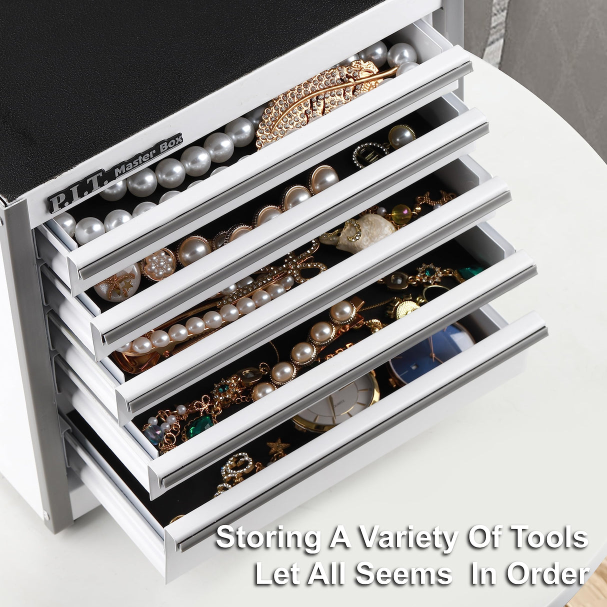 P.I.T. Mini White Tool Box, Portable 5-Drawer Micro Roll Cab Steel Tool Box with Liner, White Small Tool Case for Tools Storage, Home DIY P.I.T.