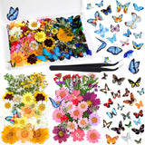 Dried Pressed Flower and Butterfly Transparent Sticker Set, Natural Real Dried Flower Butterfly Scrapbook Decal with Box and Curved Tweezers for DIY Nuanchu
