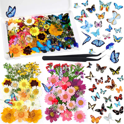 Dried Pressed Flower and Butterfly Transparent Sticker Set, Natural Real Dried Flower Butterfly Scrapbook Decal with Box and Curved Tweezers for DIY