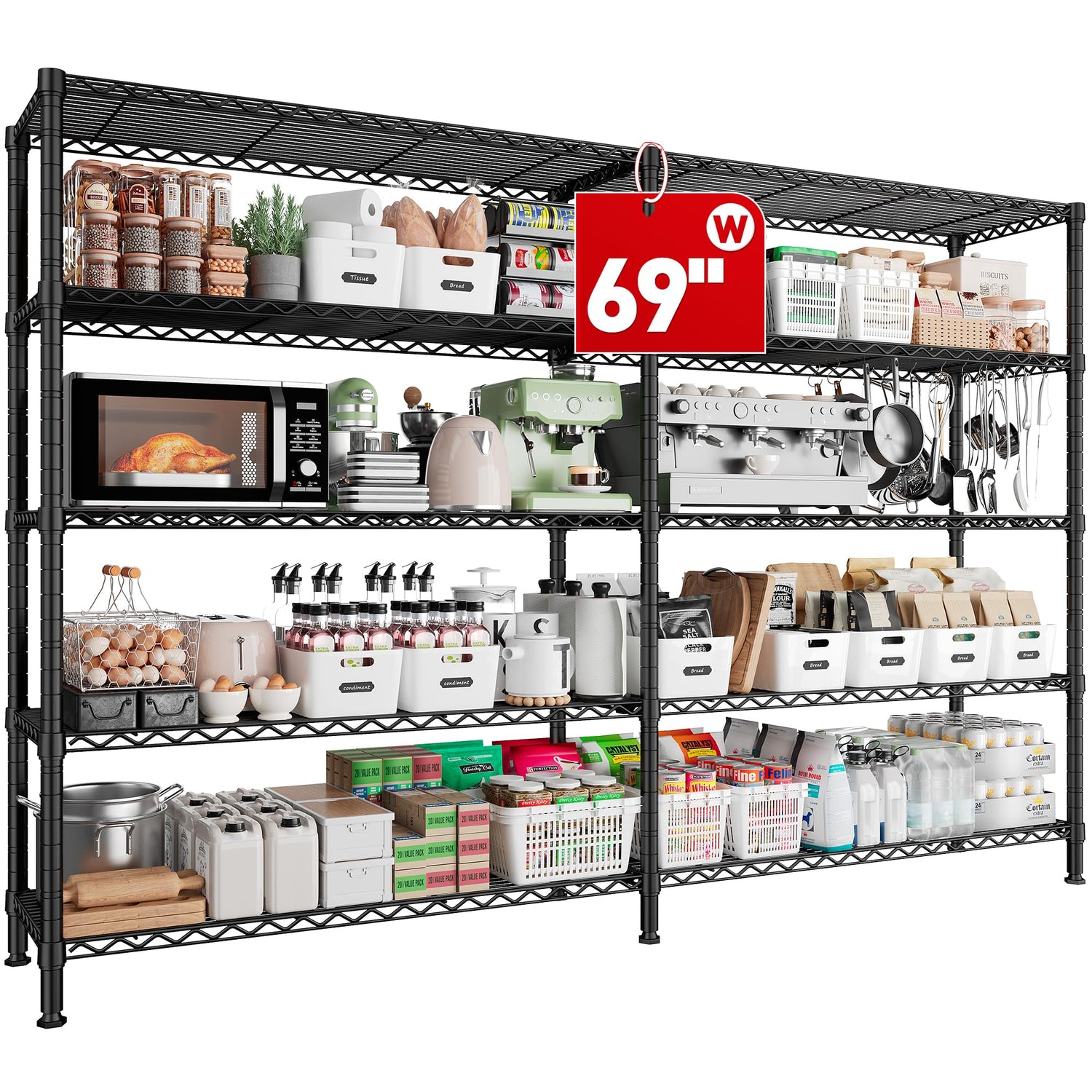 REIBII 69" W Storage Shelves,Wire Shelving Load 1600LB Metal Shelves for Storage 5-Tier Heavy Duty Shelving Unit with Shelf Adjustable Garage REIBII