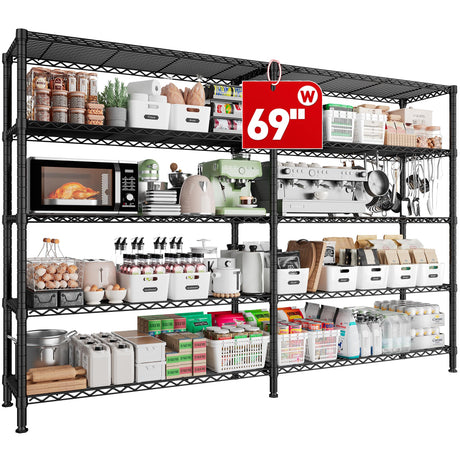 REIBII 69" W Storage Shelves,Wire Shelving Load 1600LB Metal Shelves for Storage 5-Tier Heavy Duty Shelving Unit with Shelf Adjustable Garage REIBII