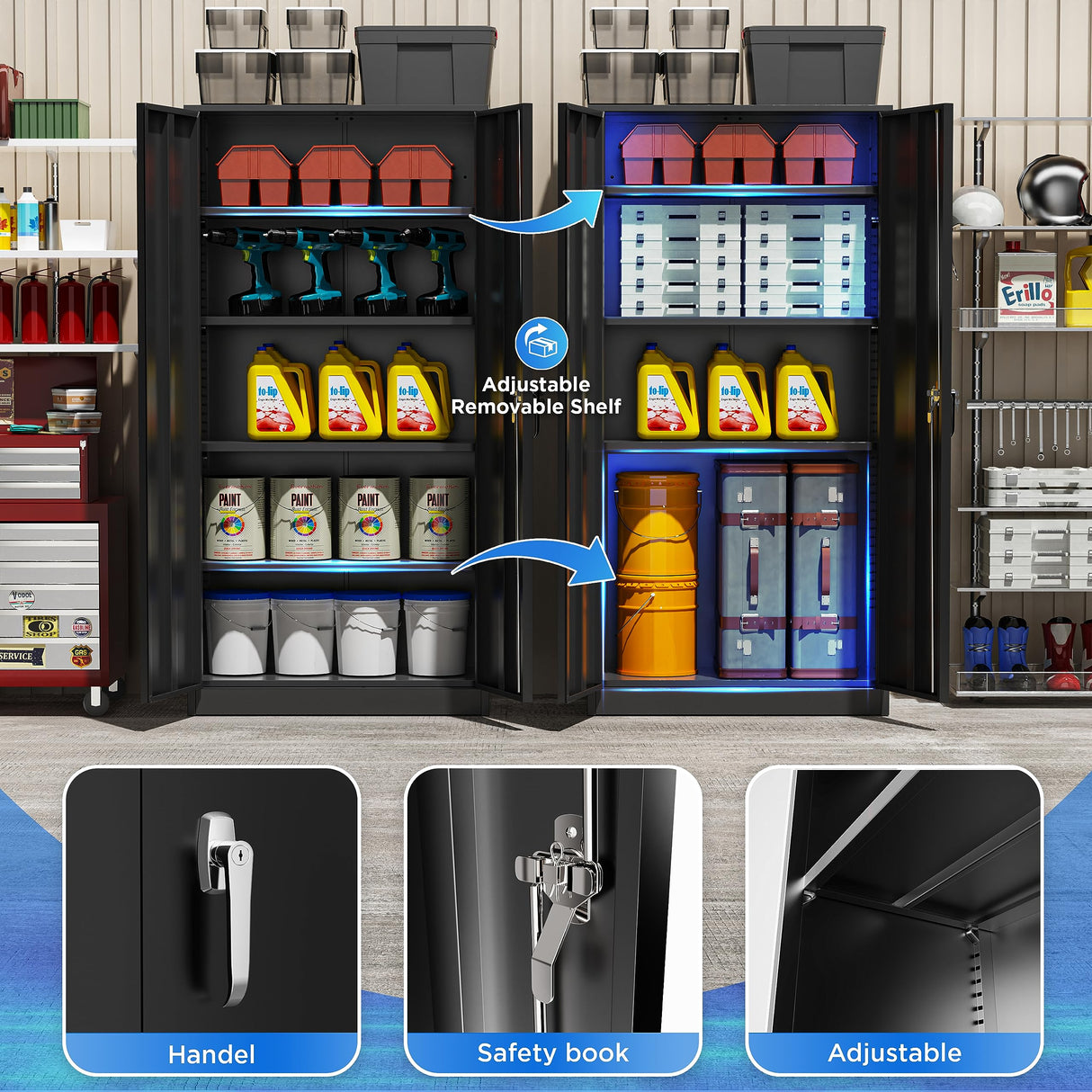 Greenvelly Metal Storage Cabinet, 72" Black Locking Storage Cabinets with Doors and 4 Shelves, Tall Tool Storage Cabinet for Garage, Steel Lockable Greenvelly