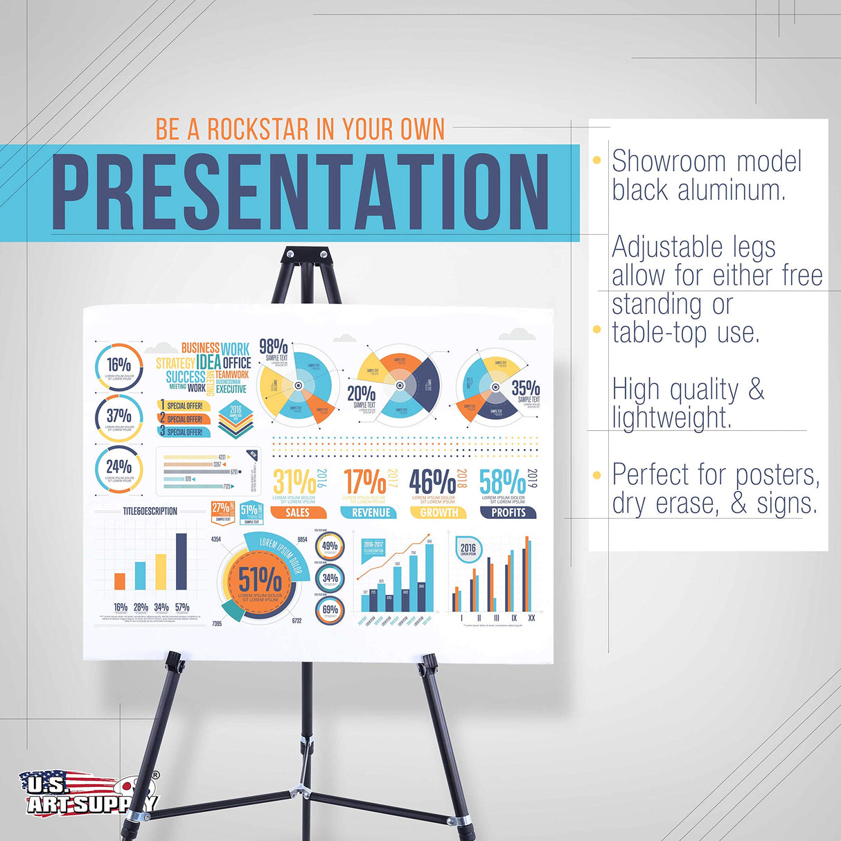 U.S. Art Supply 66" High Showroom Black Aluminum Display Easel and Presentation Stand - Large Adjustable Height Portable Tripod, Holds 25 lbs - Floor US Art Supply