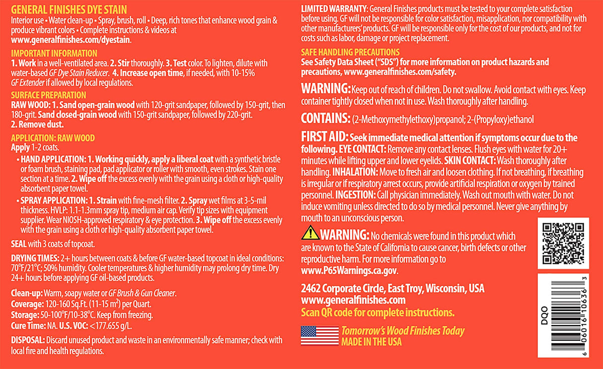 General Finishes Water Based Dye, 1 Pint, Orange General Finishes