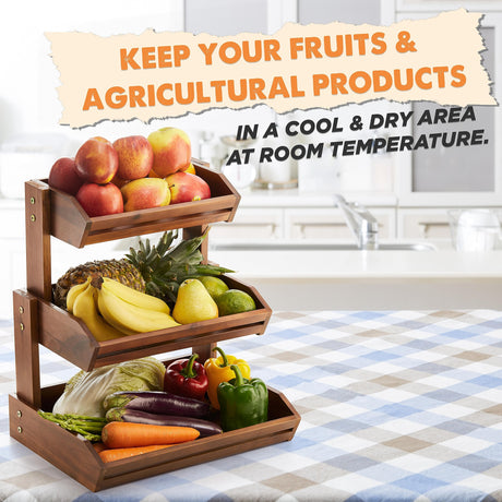 HOLANA Acacia Wood Fruit Basket - 3-Tier Fruit Bowl for Kitchen Counter, Extra Large 16x12.5x18 in, Fruteros Para Cocina, Fruit and Vegetable Storage HOLANA