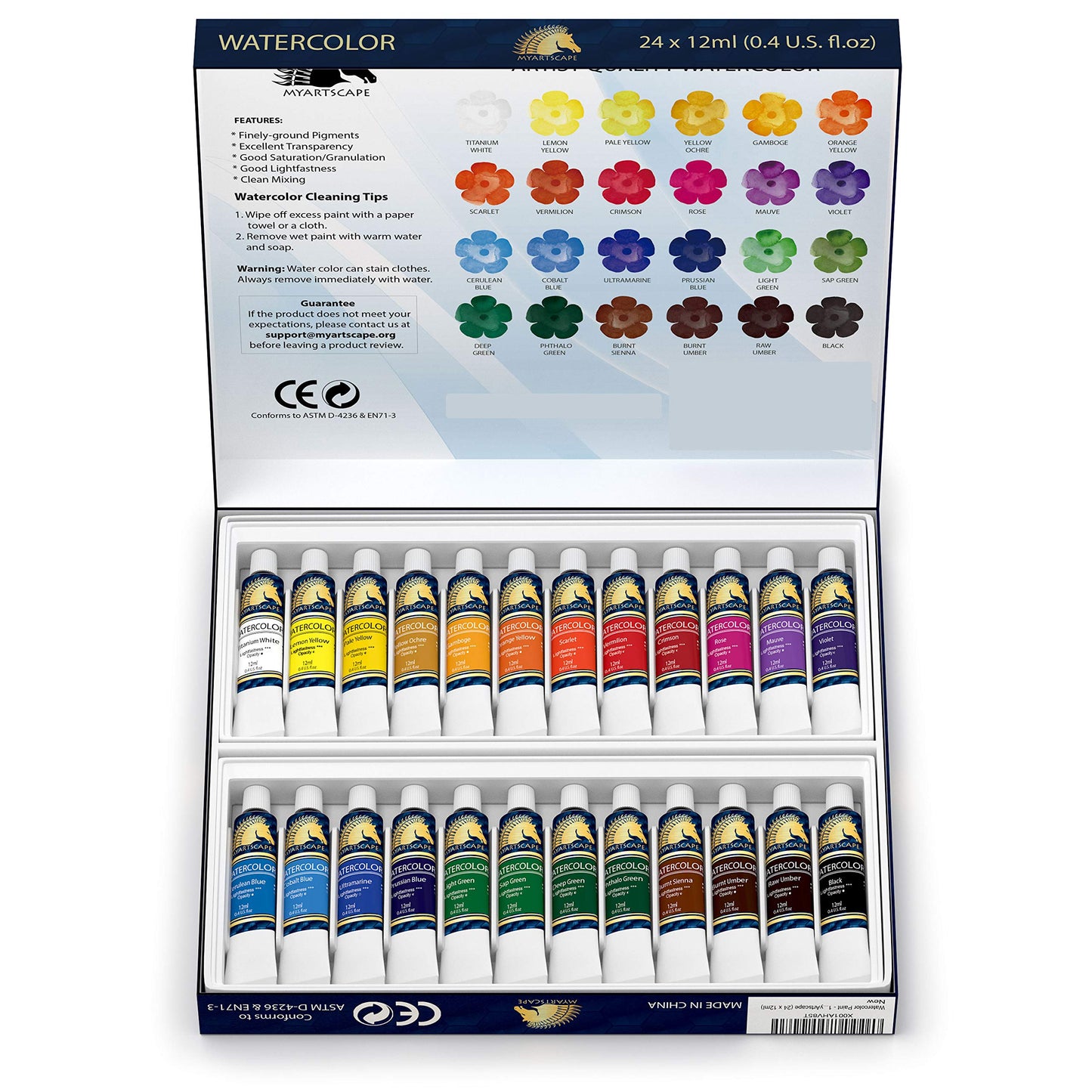 MyArtscape Watercolor Paint Set - 24 x 12ml Tubes - Lightfast - Vibrant Colors - Excellent Transparency - Kit for Vivid Watercolors Painting - - WoodArtSupply