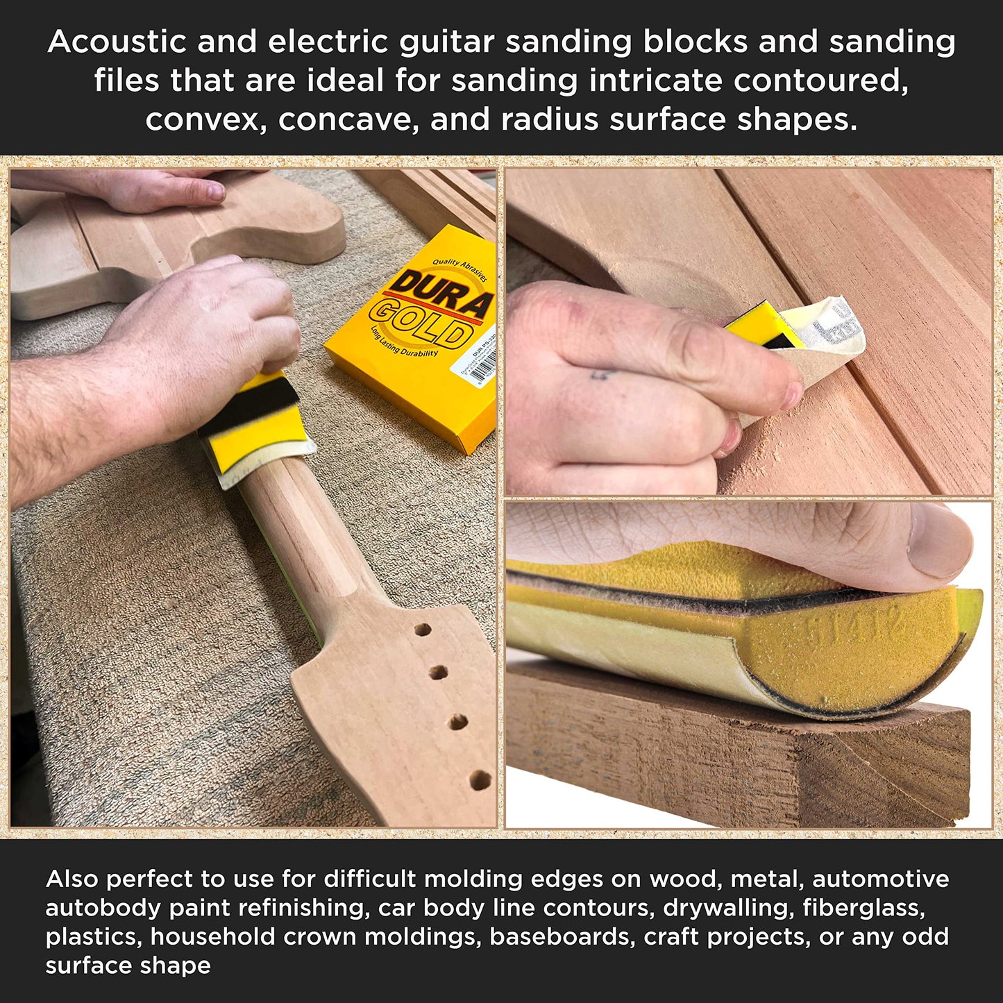 Dura-Gold Luthier Acoustic Guitar Master Woodworker Hand Sanding Block Set with 40 Sheet Hook & Loop Sandpaper Kit - Music Radius Repair Tools,
