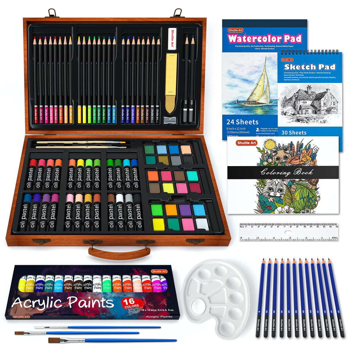 Shuttle Art 118 Piece Deluxe Art Set, Art Supplies in Wooden Case, Painting Drawing Art Kit with Acrylic Paint Pencils Oil Pastels Watercolor Cakes Shuttle Art
