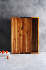 Ottoman Tray, 16.5"x12.5" Acacia Wood Serving Tray with Black Metal Handles, Great for Ottoman Tray, Food Tray, Breakfast Tray, Eating Tray…… RAKYTO