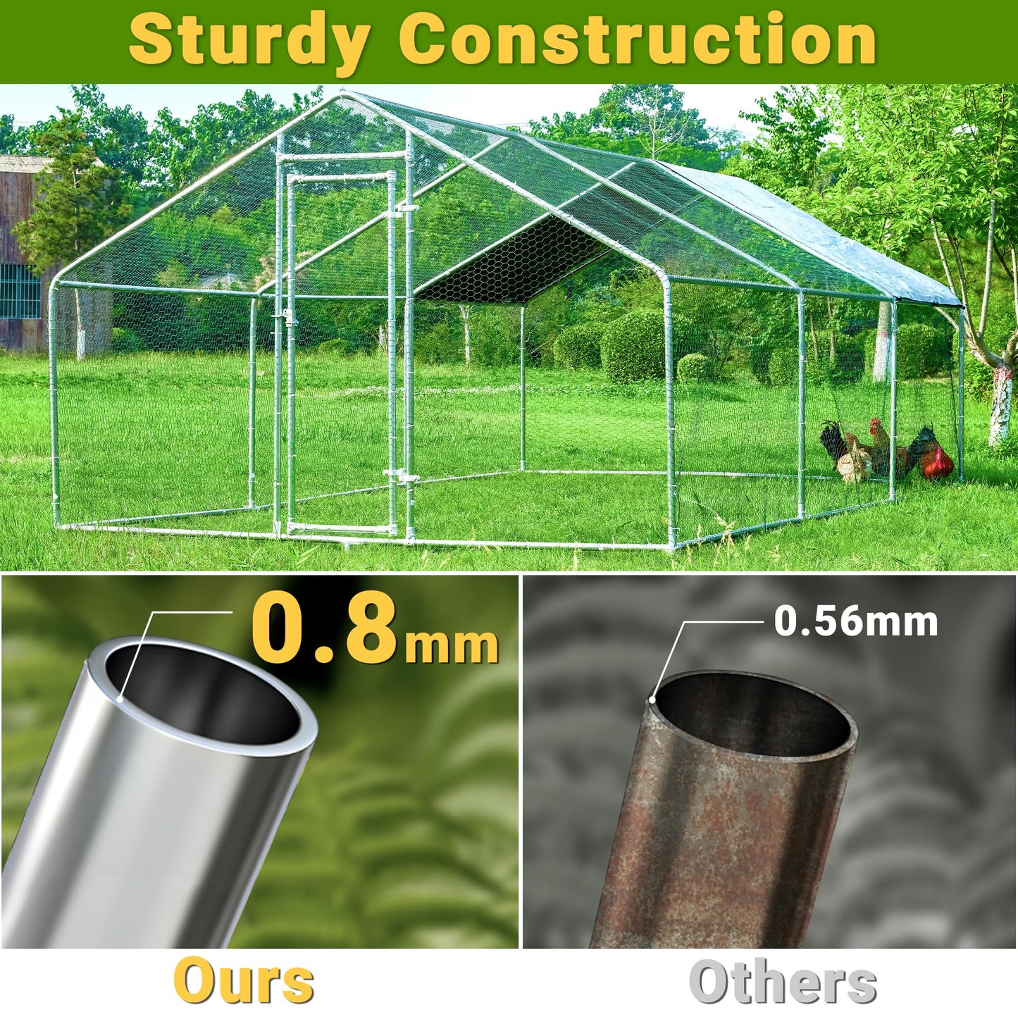 Large Chicken Coop Walk in Metal Runs with Cover Outdoor Pet Pens Poultry Cage Duck Rabbit House Backyard Use 1'Tube(19.2'Lx9.84'Wx6.6'H) - WoodArtSupply