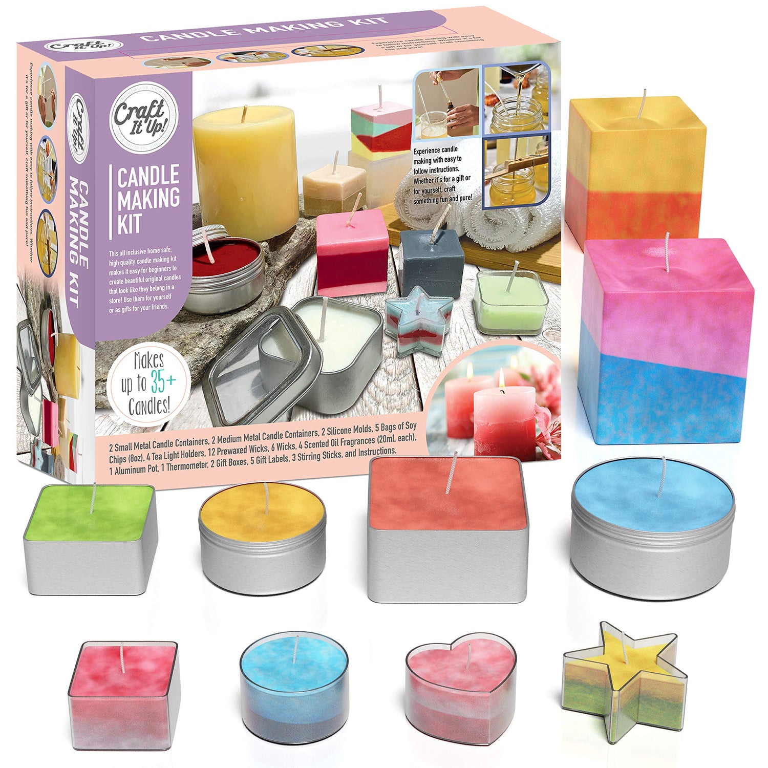 Craft It Up Candle Making Kit for Kids - Teen Girl Craft Set - Soy Wax 8 oz, 12 Wicks, 4 Scents, Jars, Molds - Starter Candle Making Kit for Adults Craft It Up