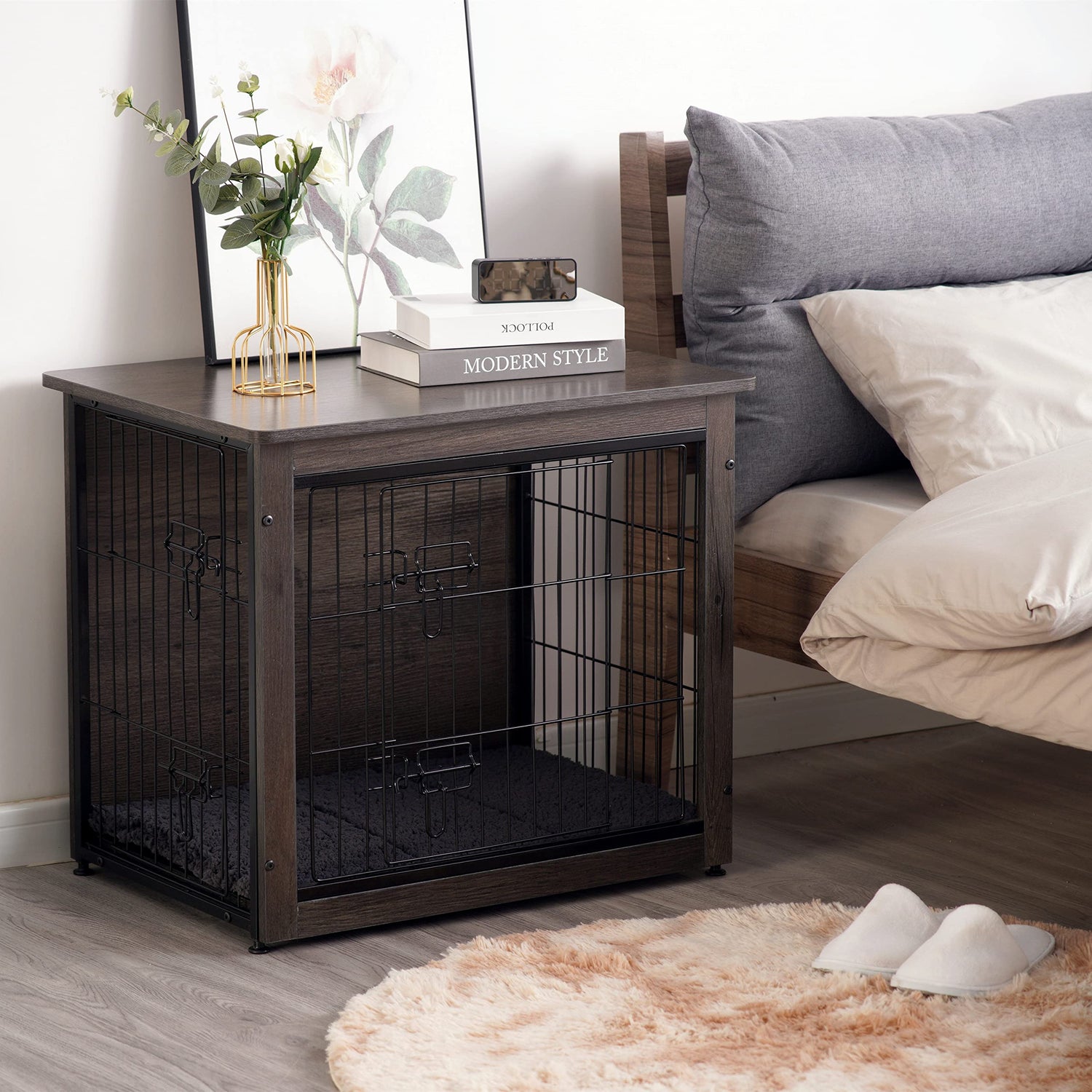 DWANTON Dog Crate Furniture with Cushion, Wooden Crate with Double Doors, Dog Kennel Indoor for Small/Medium/Large Dog, End Table, Small, 27.2" L, Dwanton