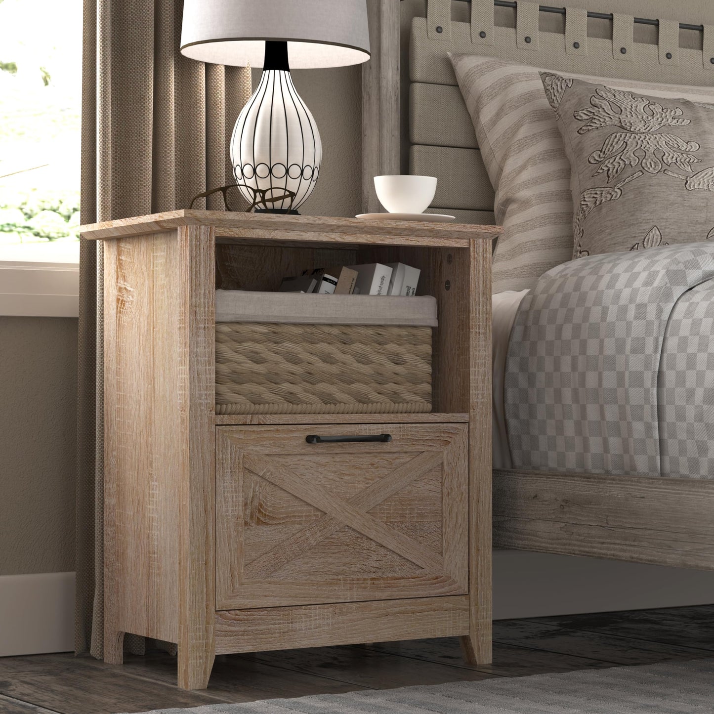 PrimeZone 30" Tall Nightstand for King & Queen Bed with Storage Drawer & Open Cubby - Beige Wood End Table Bedside Table for Living Room, Bedroom,