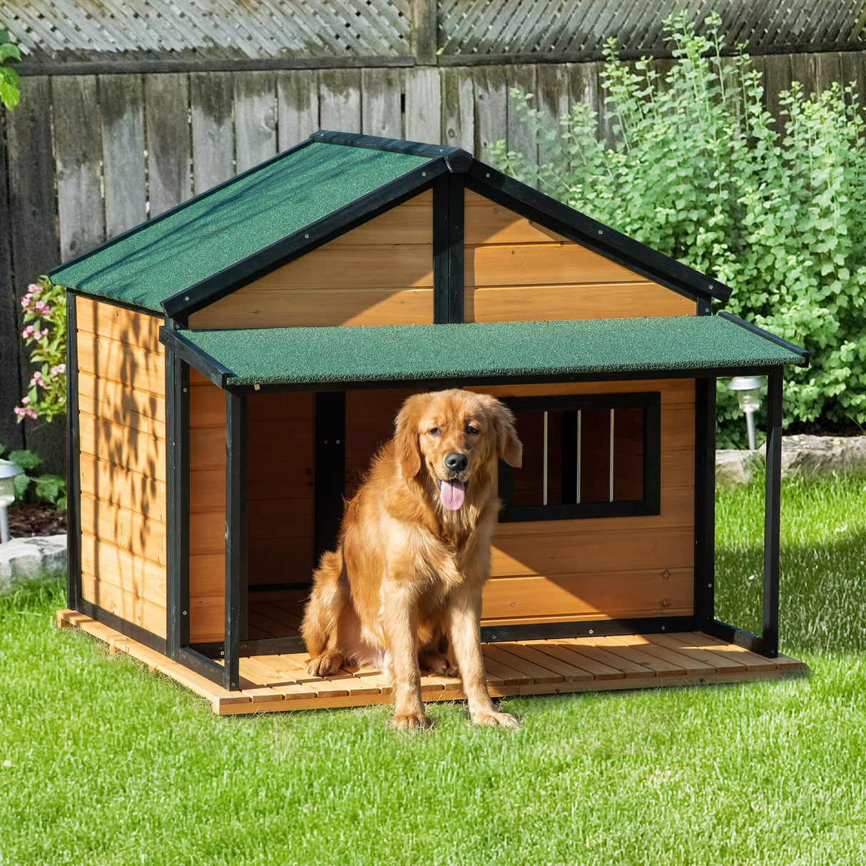 PawHut Outdoor Dog House Cabin Style, Wooden Raised Pet Kennel with Asphalt Roof, Front Door, Side Window, Porch for Medium/Large Dogs, Loading 53 PawHut
