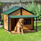 PawHut Outdoor Dog House Cabin Style, Wooden Raised Pet Kennel with Asphalt Roof, Front Door, Side Window, Porch for Medium/Large Dogs, Loading 53 PawHut