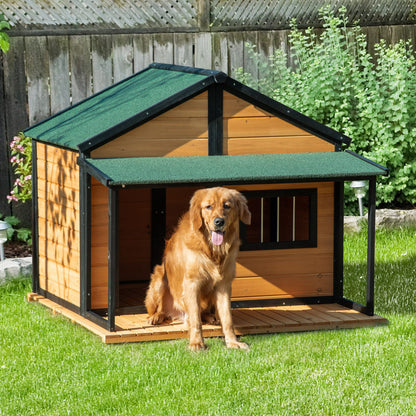 PawHut Outdoor Dog House Cabin Style, Wooden Raised Pet Kennel with Asphalt Roof, Front Door, Side Window, Porch for Medium/Large Dogs, Loading 53