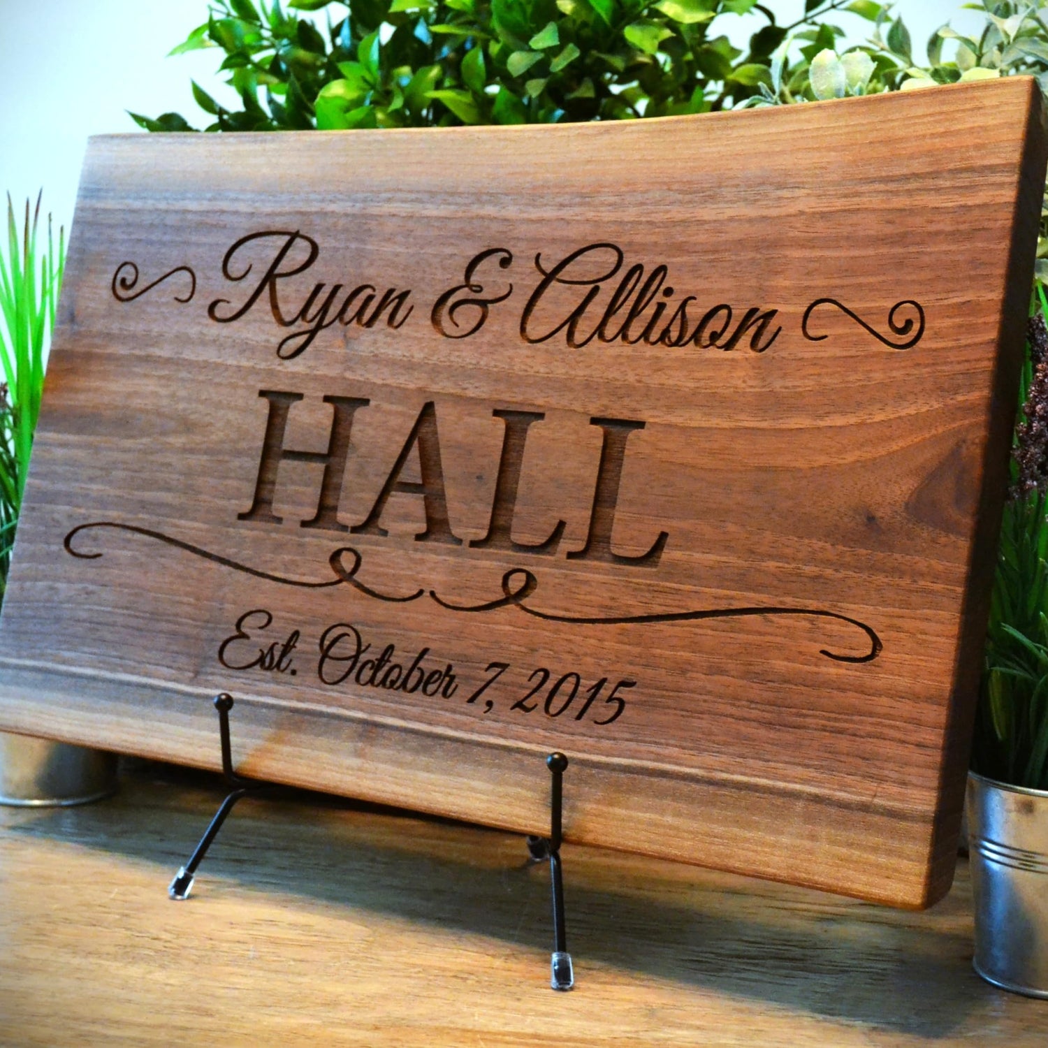 Personalized Cutting Board Wedding Gift Elegant Walnut Polished Live Edge Wood Display Custom Engraved Rustic Unique Anniversary Bride Groom Newlywed GK Grand Personal-Touch Premium Creations