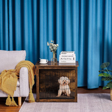 DWANTON Dog Crate Furniture with Cushion, Wooden Crate Table, Double-Doors Furniture, Kennel Indoor for Small/Medium/Large Dog, Dog House/Cage, 27.2" Dwanton