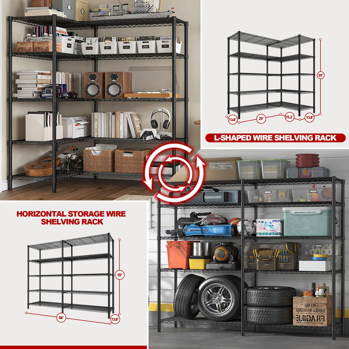 REIBII 58''W Storage Shelves Load 1400LBS Wire Shelving Unit 5 Tier Metal Shelving for Storage Rack Shelves for Storage Heavy Duty Garage Shelf REIBII