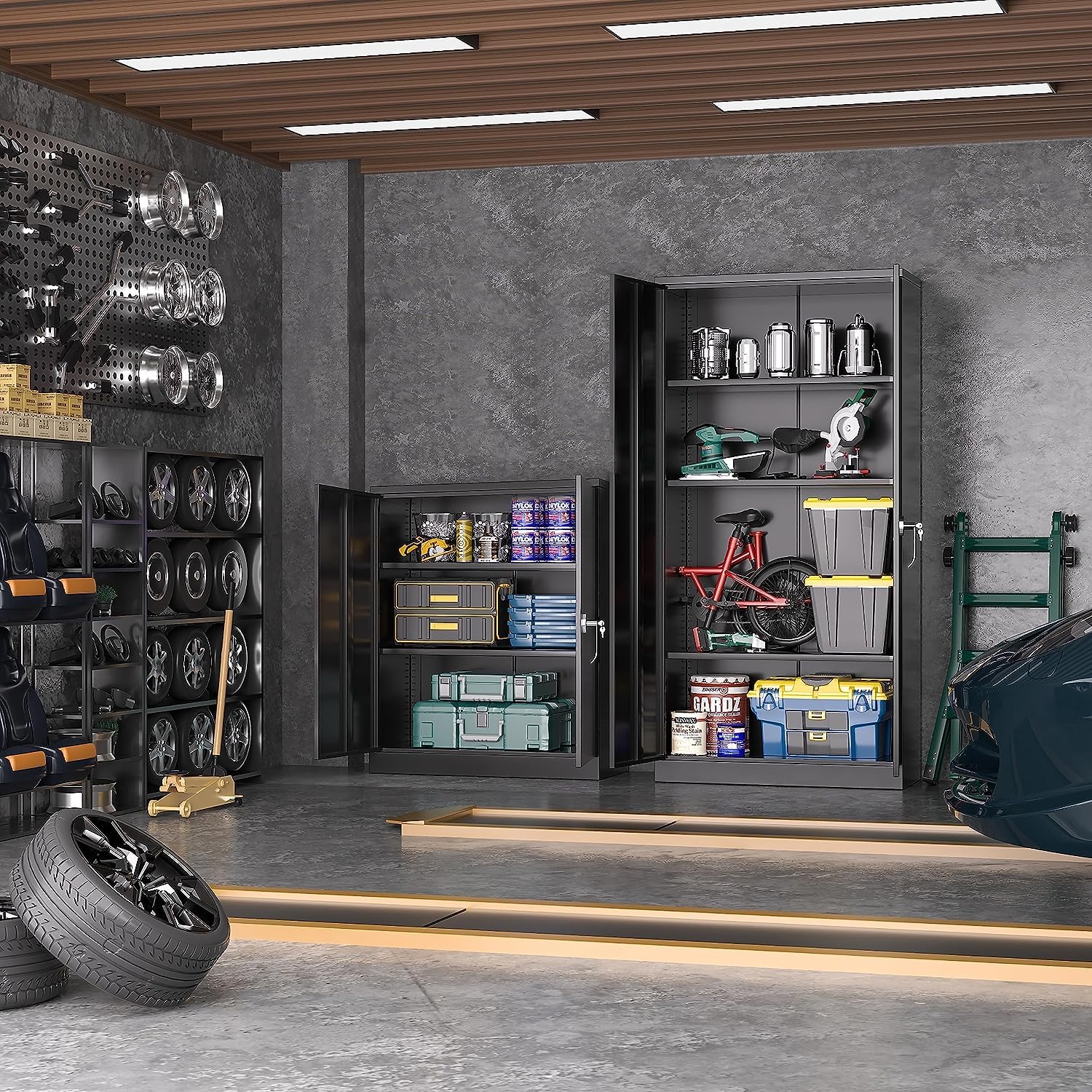 Greenvelly Metal Garage Cabinet, 42" H Locking Metal Storage Cabinet with 2 Doors and Adjustable Shelves, Black Steel File Cabinet for Home Office, Greenvelly