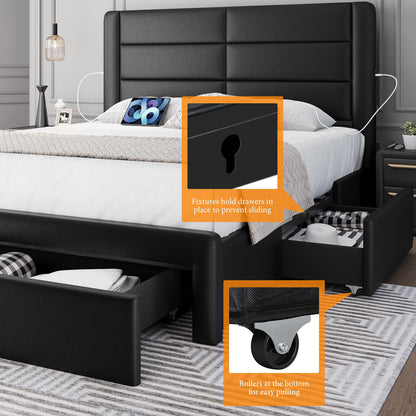 Yaheetech Queen Size Bed Frame Platform with 2 USB Charging Station/Port for Type A&Type C/3 Storage Drawers, Leather Upholstered with