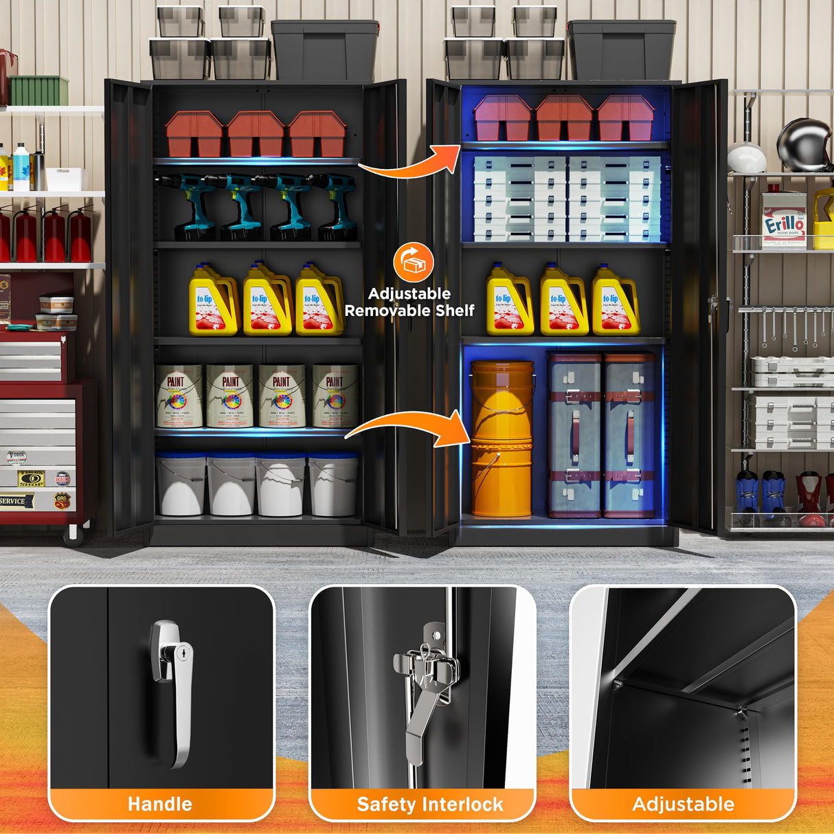 INTERGREAT Metal Garage Storage Cabinet with Locking Doors and Shelves,Black Lockable Steel Tool Cabinet,Tall File Cabinet Locker with Lock for Home INTERGREAT