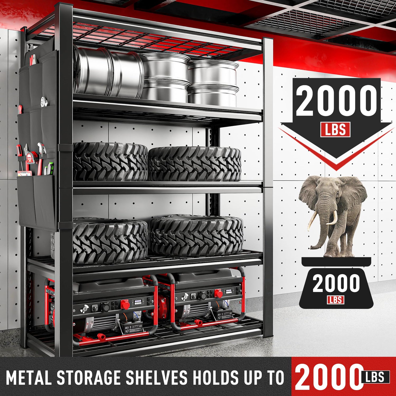 REIBII Garage Shelving Heavy Duty Load 2000LBS Garage Storage Shelves with Bag 5 Tier Adjustable Metal Storage Shelving for Gagrage Shelves Storage REIBII