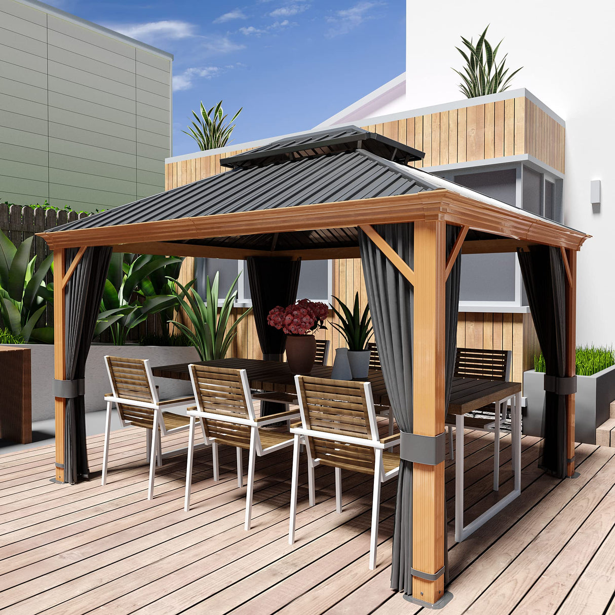 HAPPATIO 10' x 12' Hardtop Gazebo, Outdoor Wood Grain Frame Aluminum Metal Gazebo with Galvanized Steel Double Roof，Patio Gazebo Canopy with Netting HAPPATIO