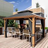 HAPPATIO 10' x 12' Hardtop Gazebo, Outdoor Wood Grain Frame Aluminum Metal Gazebo with Galvanized Steel Double Roof，Patio Gazebo Canopy with Netting HAPPATIO