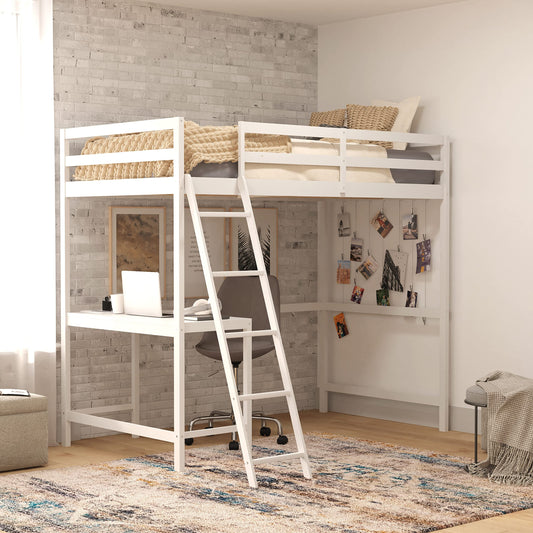 BizChair Loft Bed Frame with Desk, Twin Size Wooden Bed Frame with Protective Guard Rails & Ladder for Kids, Teens and Adults - White