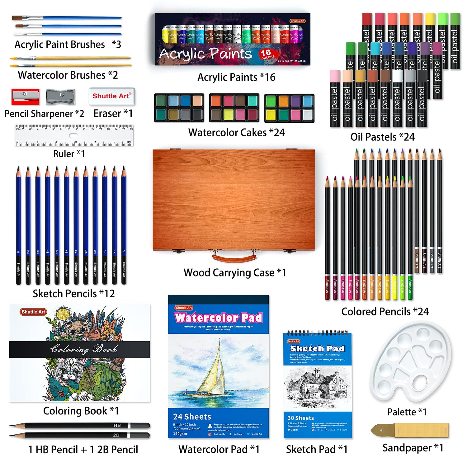Shuttle Art 118 Piece Deluxe Art Set, Art Supplies in Wooden Case, Painting Drawing Art Kit with Acrylic Paint Pencils Oil Pastels Watercolor Cakes Shuttle Art