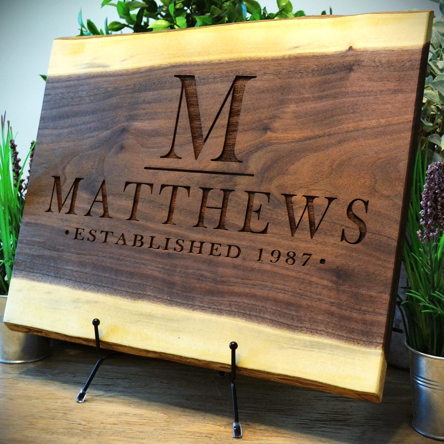 Personalized Cutting Board Wedding Gift Walnut Live Edge Artisan Rustic Display Unique Custom Engraved Anniversary Bride Groom Newlywed Couple GK Grand Personal-Touch Premium Creations