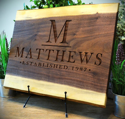 Personalized Cutting Board Wedding Gift Walnut Live Edge Artisan Rustic Display Unique Custom Engraved Anniversary Bride Groom Newlywed Couple - WoodArtSupply