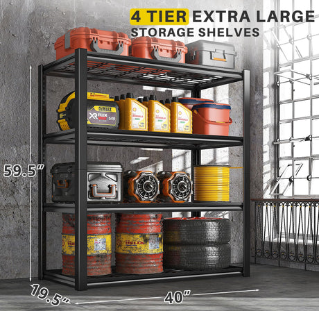 REIBII 40" W Garage Shelving Heavy Duty Storage Shelves 2240LBS Heavy Duty Shelving 4-Tier Adjustable Metal Shelves for Storage Rack Industrial REIBII