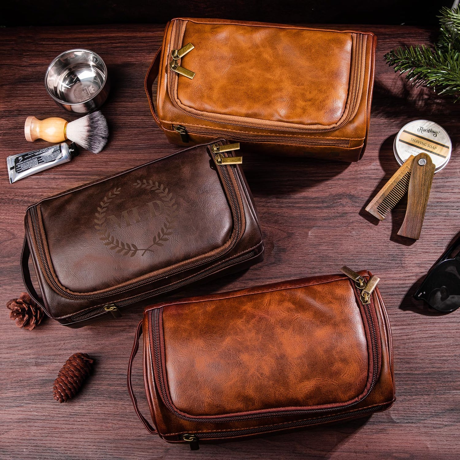 Bleggeit Personalized Leather Toiletry Bag For Men with Hook, Groomsmen Gifts Travel Bag Laser Engraved Name Monogram Leather Gift For Him Husband Bleggeit