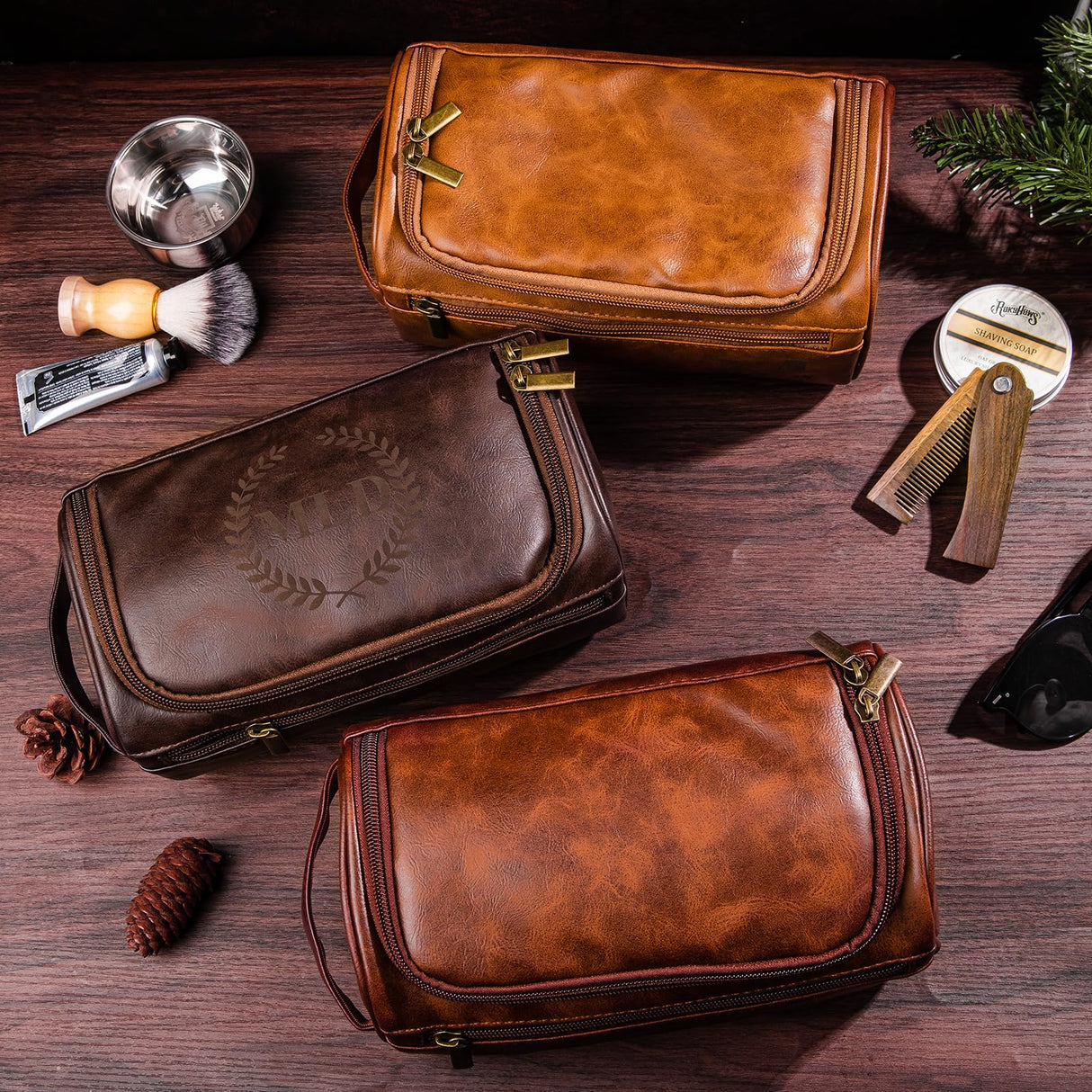 Bleggeit Personalized Leather Toiletry Bag For Men with Hook, Groomsmen Gifts Travel Bag Laser Engraved Name Monogram Leather Gift For Him Husband Bleggeit