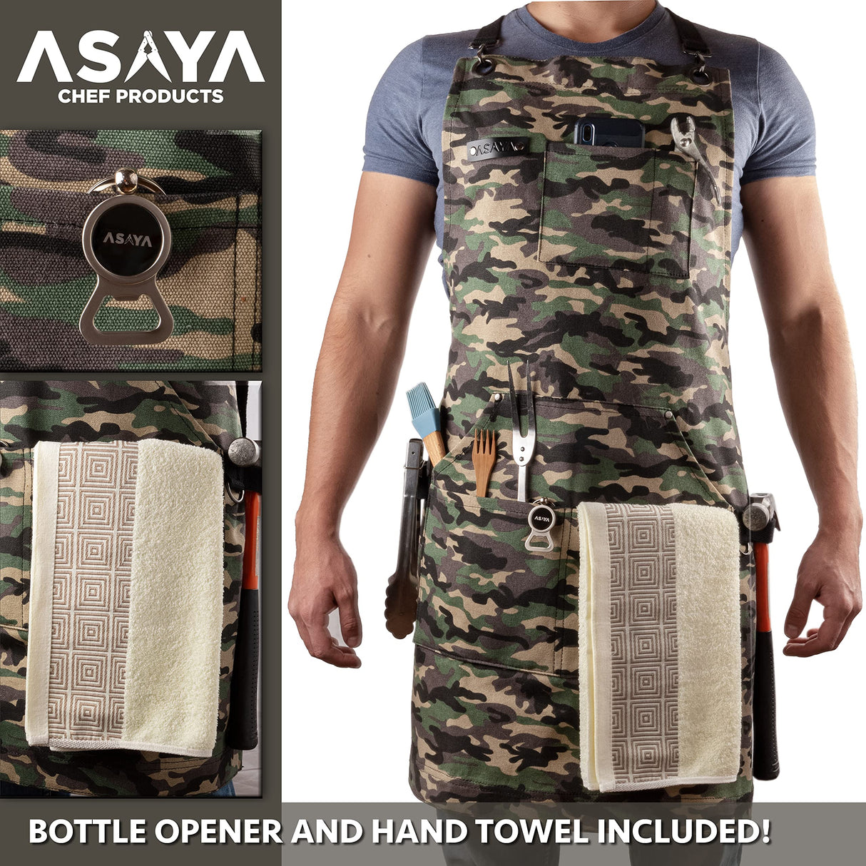 Asaya Chef, BBQ and Work Apron with Bottle Opener and Hand Towel - Durable 10oz Cotton Canvas, Brass Hardware and Cross Back Straps - For Men, Women, Asaya