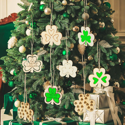 90 Pieces Shamrock Wooden Ornaments St. Patrick's Day Unfinished Wooden Ornaments Clover Shape Wood Cutouts Wood Embellishments with 90 Pieces Twines