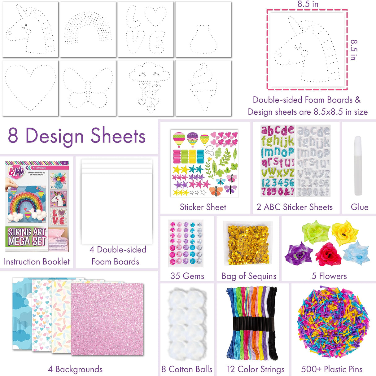 String Art Kit Girls Art Set - Flower, Heart, Rainbow, Unicorn Bedroom Decor for Girls8 Designs - 3D String Art 8.5x8.5in Boards - DIY Arts Crafts Creative Kids