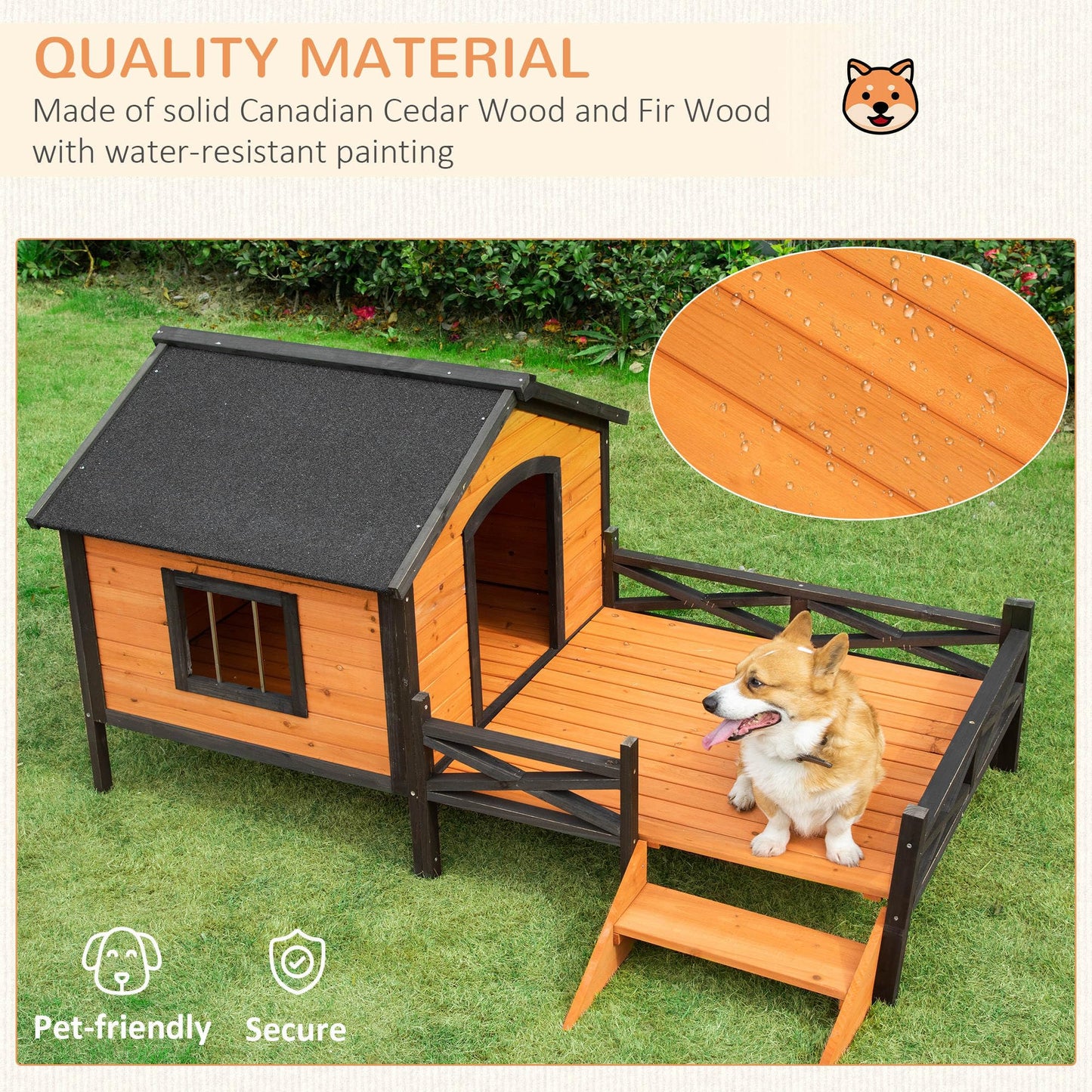 PawHut Wooden Dog House with Porch, Outside Dog House with Water-Resistant Asphalt Roof, Ladders, Fencing, Window, for Small and Medium Dogs, Natural