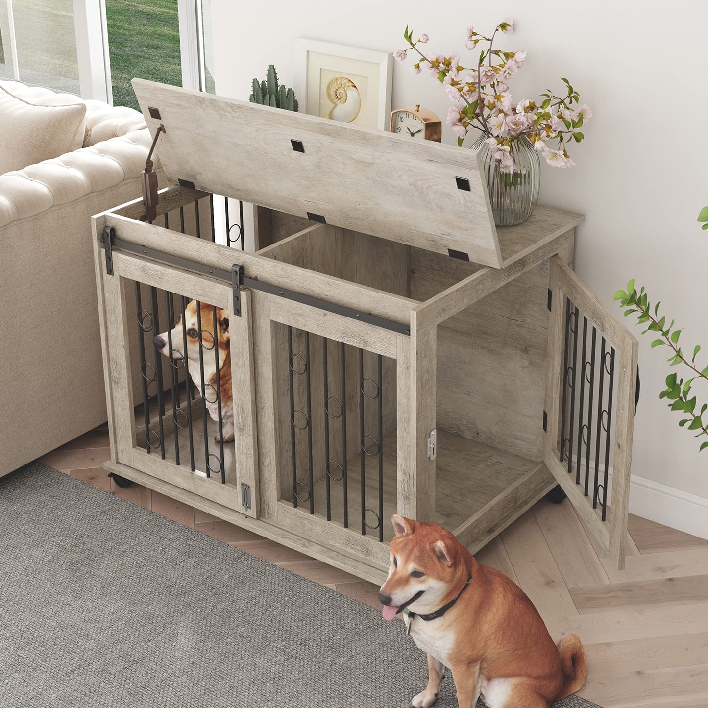 Rophefx Dog Crate Furniture with Divider for 2 Puppies, Dog Kennel Indoor with Sliding Door, Puppy Dog Cage with Flip-up Top and Wheels, Indoor - WoodArtSupply