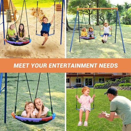 Swing Set for Backyard, 440lbs Swing Set with Heavy-Duty A-Frame Metal Outdoor Swing Stand, 1 Saucer Swing Seat & 1 Belt Swings Seat Lunafun
