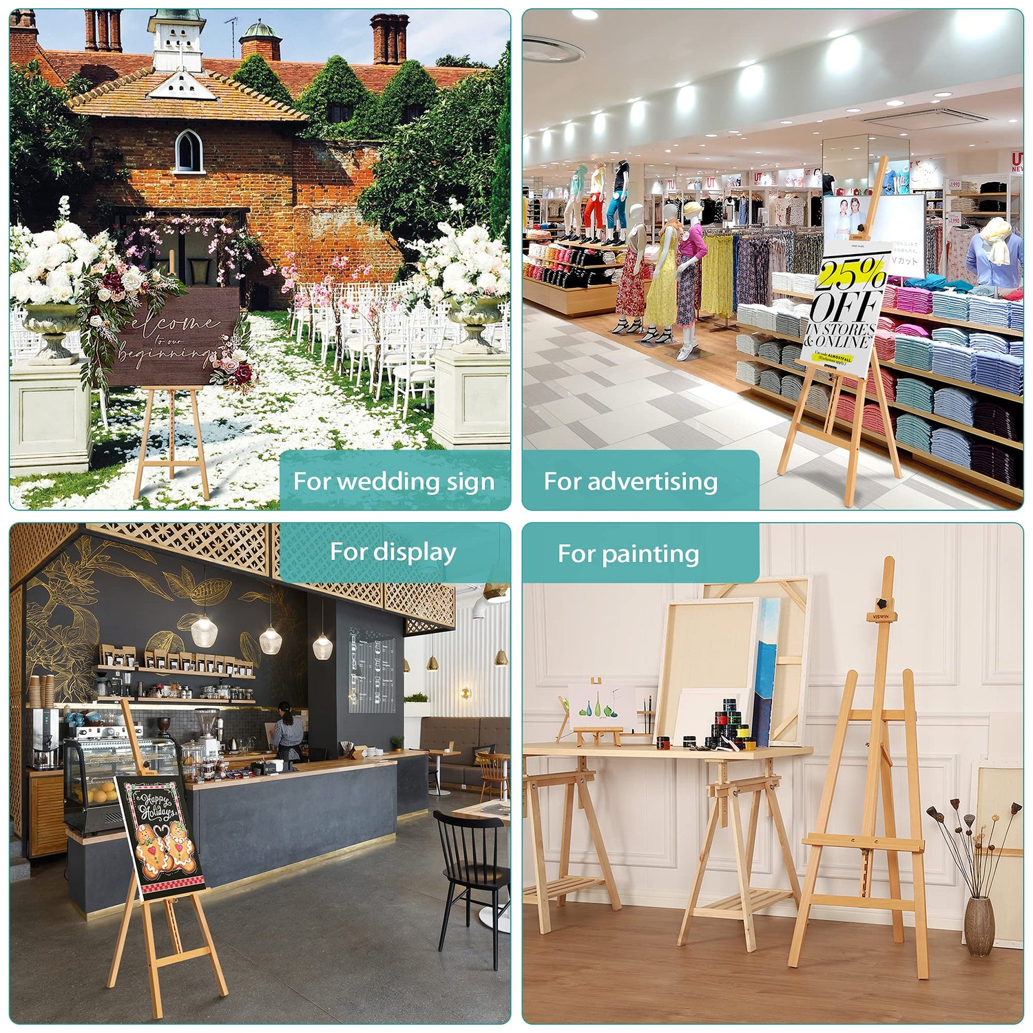 VISWIN Adjustable Height Display Easel 57" to 76", Holds Canvas up to 43", Holds 22 lbs, Beech Wood Art Easel for Painting, Easy to Assemble Floor VISWIN