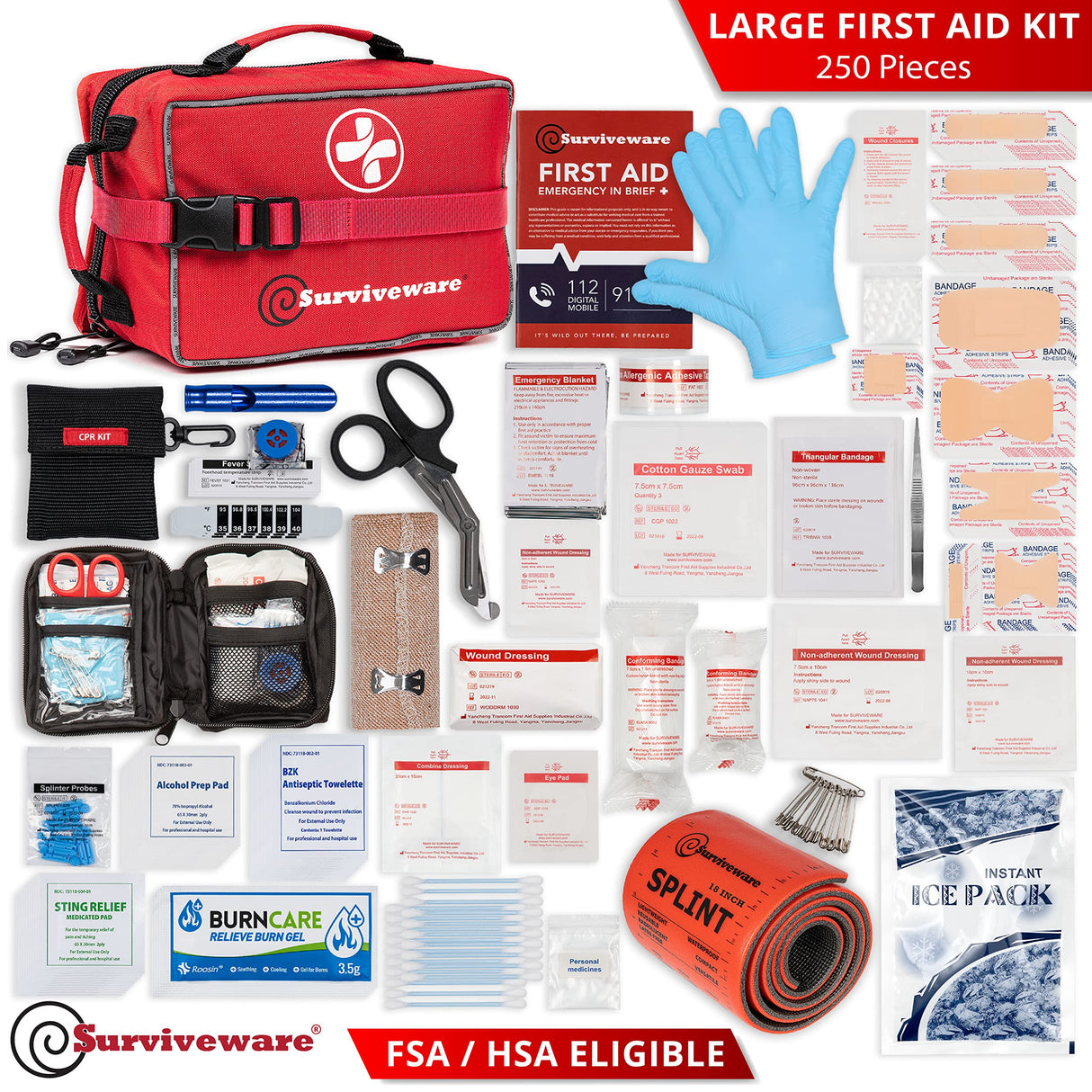 Surviveware Comprehensive Premium First Aid Kit Emergency Medical Kit for Trucks, Cars, Camping, Office and Sports and Outdoor Emergencies - Large Surviveware