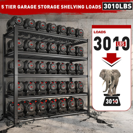 REIBII 48.2''W Garage Shelving Heavy Duty Loads 3010LBS Garage Storage Shelves Heavy Duty Shelving 5 Tier Adjustable Metal Shelving for Storage Rack REIBII