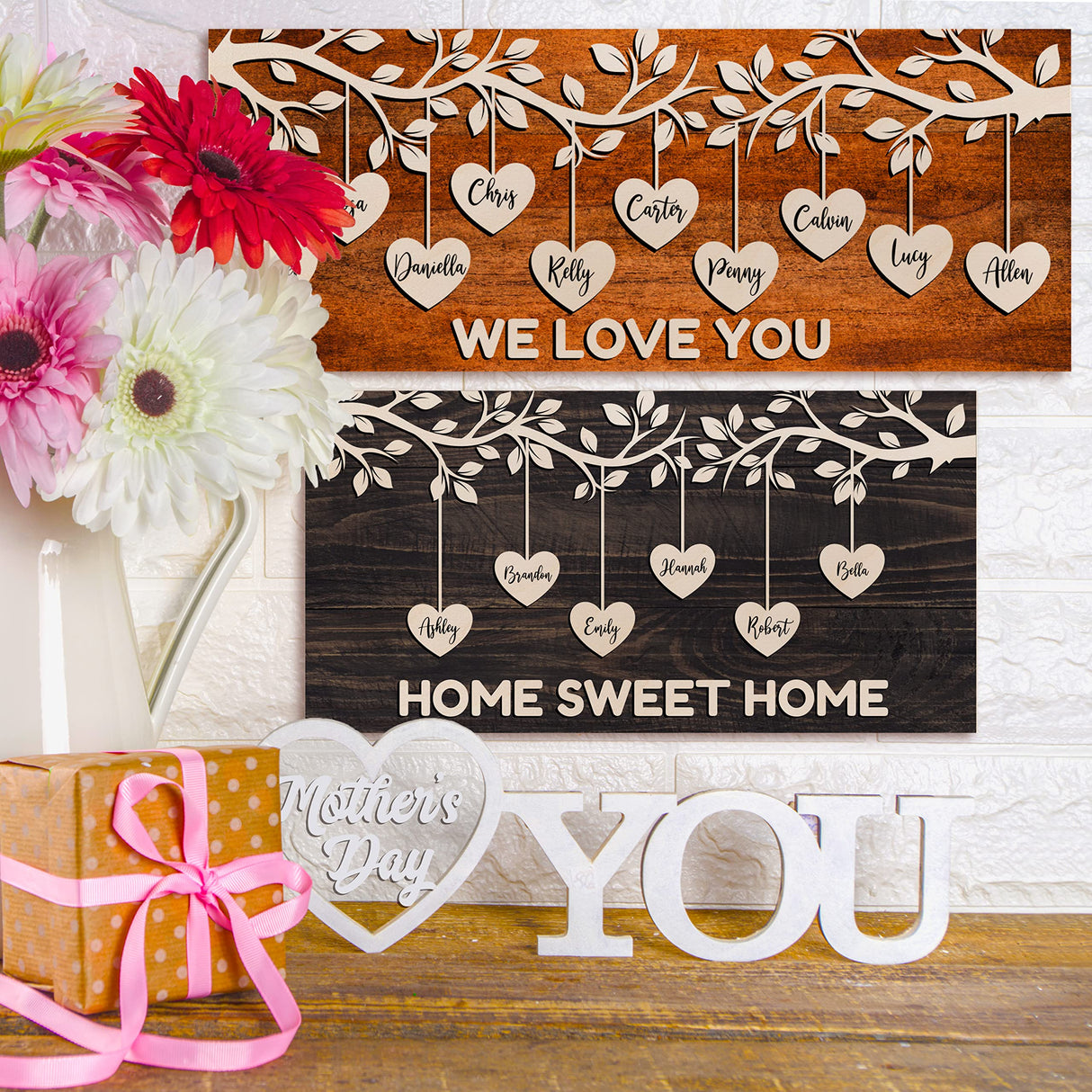 Personalized Family Tree w/Names for Mothers Day Gifts - 4 Colors 7x18in Customized Wood Signs Decor for Best Mom Ever Mother Gifts Custom Mommy Generic