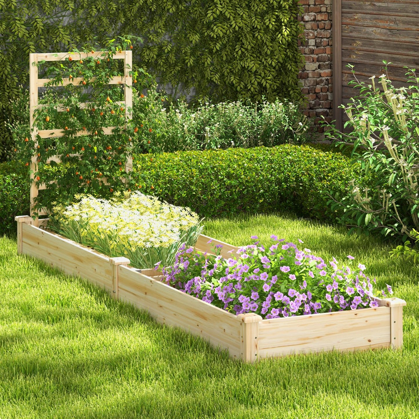 HAPPYGRILL Raised Garden Bed with Trellis, Wooden Planter Box with Divided Space for Vegetables, Flowers, Fruits, Climbing Plants, Outdoor Elevated - WoodArtSupply